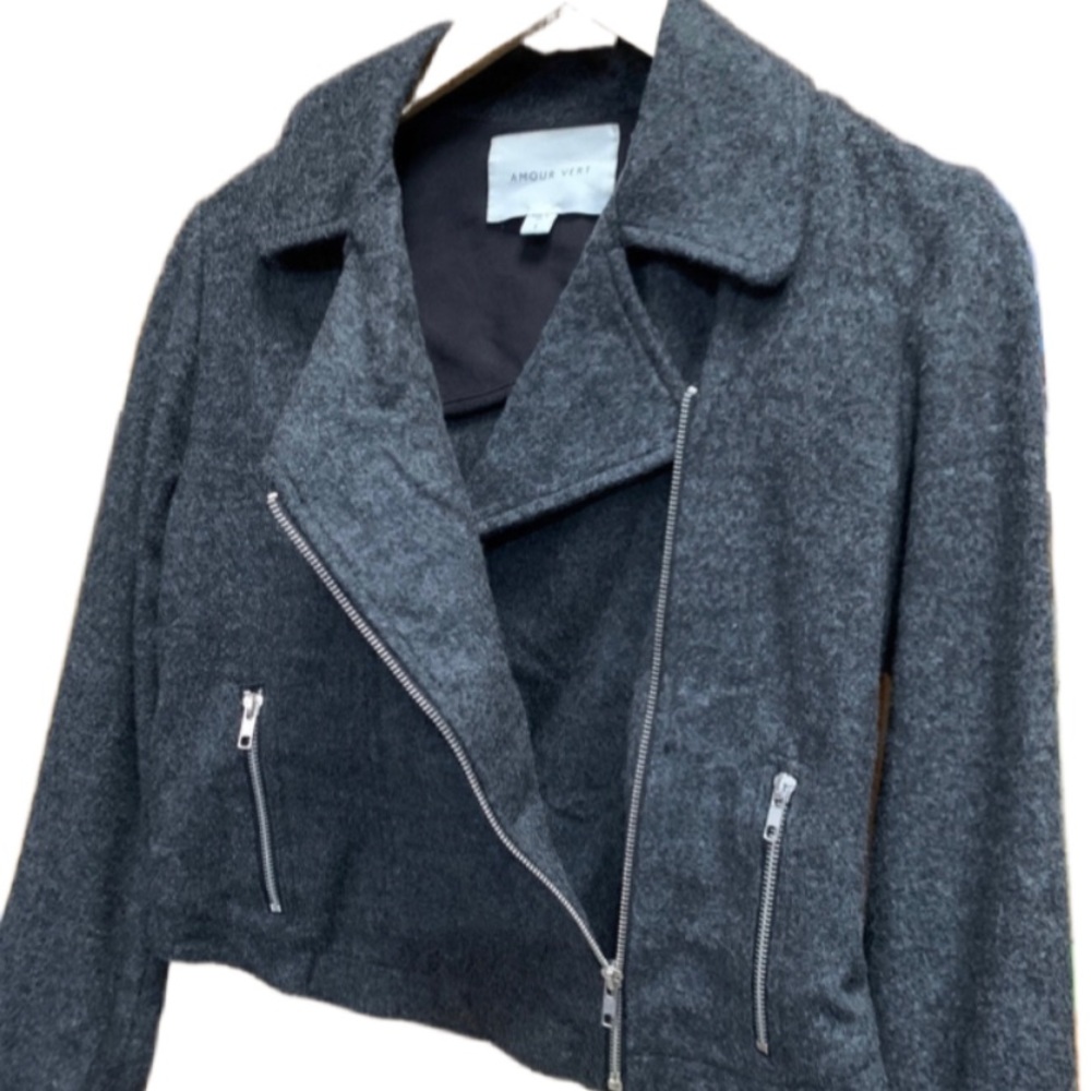 AMOUR VERT wool Moto zipper jacket blazer charcoal gray Asymmetrical zip